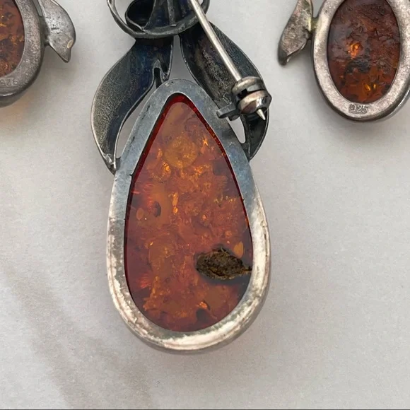 Vintage Sterling silver 925 Baltic Amber necklace pendant pin earrings brooch - Picture 4 of 16